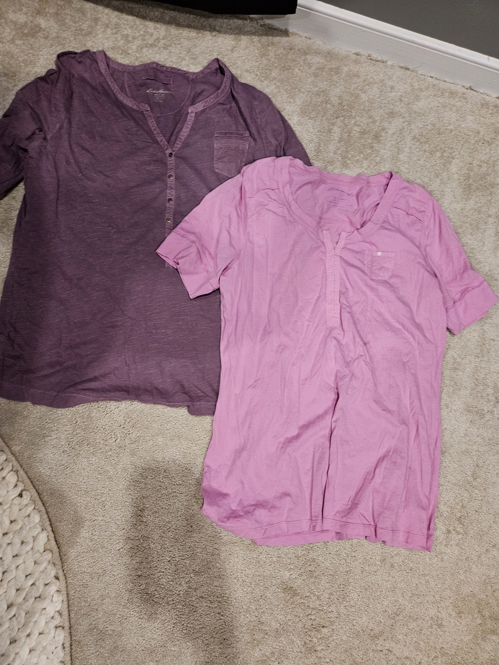 Eddie Bauer Short Sleeve Henley Tees in Plum and Light Pink
